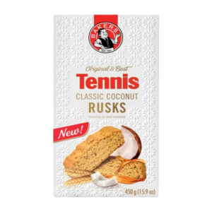 Bakers Tennis Coconut Rusks 450g South African Breakfast Biscuits | Oven Baked Crunchy Slices with Coconut Flavor for Tea Coffee Snacking Pantry Staple