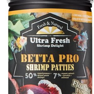 Tasty Foods Whole Shrimp Betta Fish Food – Betta Pro Shrimp Patties with Real Whole Shrimp, High Protein Floating Pellets for Betta Fish, Tropical Fish & Aquarium Fish, Color Enhancing, Growth & Health Formula, 20g / 60ml