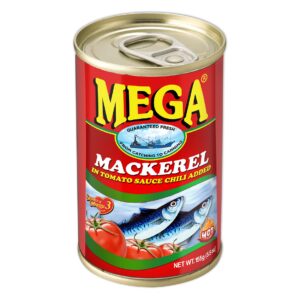 (Max Length, Keyword-Optimized)  MEGA Mackerel in Tomato Sauce with Chili Added, 155g (5.5 oz) – Canned Mackerel Fish, Spicy Tomato Sauce, Ready to Eat Seafood, High Protein, Omega 3 Rich, Wild Caught Mackerel, Pantry Staple, Shelf Stable Canned Fish