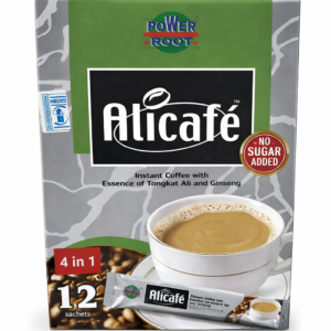 Alicafe Power Root 4 in 1 Instant Coffee Mix with Tongkat Ali and Ginseng, No Sugar Added Herbal Energy Coffee, Malaysian Premium Instant Coffee Sachets, Strong Smooth Coffee Drink, Travel Friendly Single Serve Pack, 12 Sachets